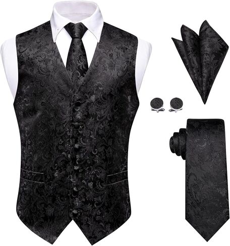 Silk Men's Neckties & Mens Suit Vest 4pcs Silk Paisley Vest with Tie Pocket Square Set for Wedding Party in Kuwait