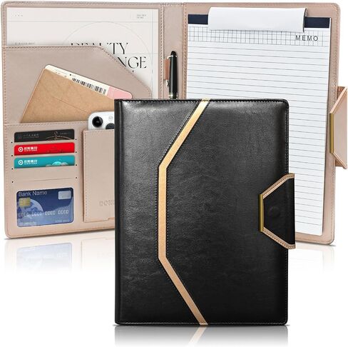 Leather Padfolio Portfolio Binder, Luxury Business Document Organizer, Interview Legal Storage Padfolio with Card Holder (Black) in Saudi Arabia