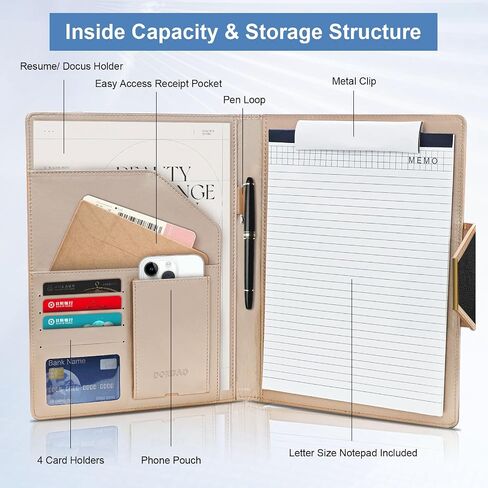 Leather Padfolio Portfolio Binder, Luxury Business Document Organizer, Interview Legal Storage Padfolio with Card Holder (Black) in Saudi Arabia