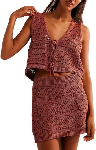 Yuemengxuan Crochet Skirt Sets Women 2 Piece Outfits Y2k Knit Tie Front Vest Top High Waist Bodycon Skirt Bikini Cover Up in Saudi Arabia