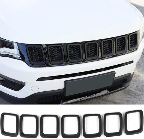 غطاء شبكي أمامي متوافق مع Jeep Compass 2017 2018 2019 2020 2021 ABS غطاء الشواية حلقات إطار الزخارف عدة 7 قطع (أسود لامع) in Saudi Arabia