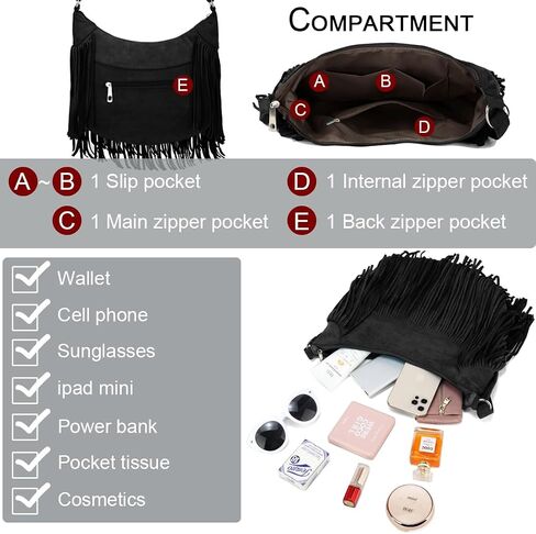 Sunwel Fashion Women هامش Hobo Bag Western محفظة كتف حقيبة نباتية من جلد الغزال شرابة الهبي حقيبة كروسبودي in Kuwait