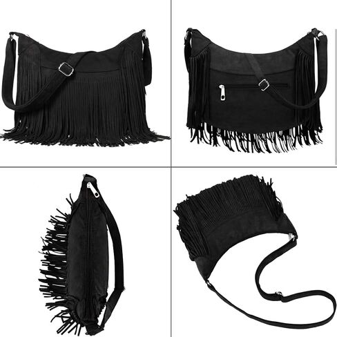 Sunwel Fashion Women هامش Hobo Bag Western محفظة كتف حقيبة نباتية من جلد الغزال شرابة الهبي حقيبة كروسبودي in Kuwait