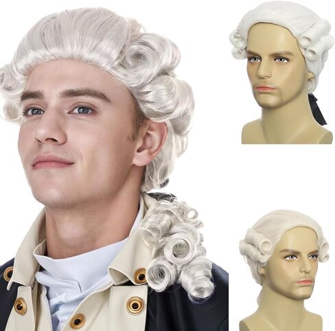 Elaine Men Judge Colonial Wigs 16 Inch Wavy Medium Length Wig Curly Washington Halloween Costume Cosplay Wig (White) in Saudi Arabia