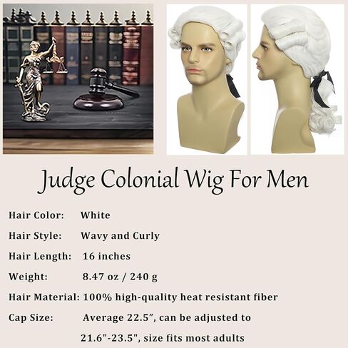 Elaine Men Judge Colonial Wigs 16 Inch Wavy Medium Length Wig Curly Washington Halloween Costume Cosplay Wig (White) in Saudi Arabia