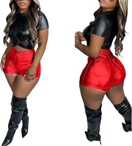 LKOUS Women's Faux Leather Shorts, Casual High Waisted Stretch PU Short Pants in Saudi Arabia