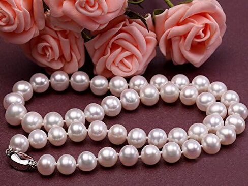 قلادة اللؤلؤ النسائية خيط واحد كلاسيكي 7-8 ملم قلادة لؤلؤ المياه العذبة البيضاء المستديرة 18" in Kuwait