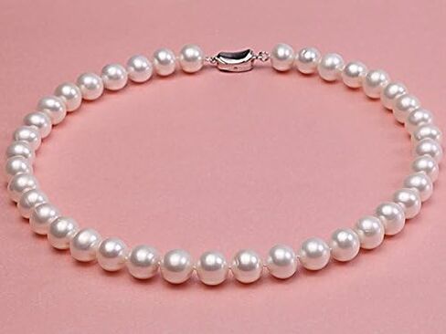 قلادة اللؤلؤ النسائية خيط واحد كلاسيكي 7-8 ملم قلادة لؤلؤ المياه العذبة البيضاء المستديرة 18" in Kuwait
