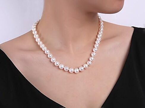 قلادة اللؤلؤ النسائية خيط واحد كلاسيكي 7-8 ملم قلادة لؤلؤ المياه العذبة البيضاء المستديرة 18" in Kuwait