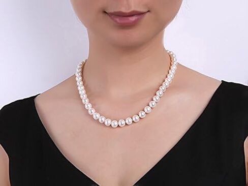 قلادة اللؤلؤ النسائية خيط واحد كلاسيكي 7-8 ملم قلادة لؤلؤ المياه العذبة البيضاء المستديرة 18" in Kuwait