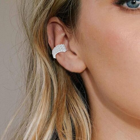 CERSLIMO Ear Cuffs Non Piercing Earrings for Women, 14K Gold Plated Three Rows Cubic Zirconia Faux Diamond Ear Cuff Silver Clip On Cartilage Huggie Hoop Earrings in Saudi Arabia