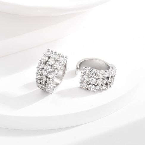 CERSLIMO Ear Cuffs Non Piercing Earrings for Women, 14K Gold Plated Three Rows Cubic Zirconia Faux Diamond Ear Cuff Silver Clip On Cartilage Huggie Hoop Earrings in Saudi Arabia
