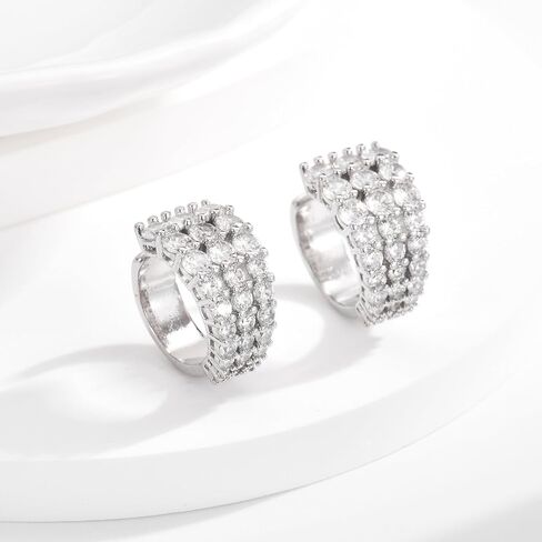 CERSLIMO Ear Cuffs Non Piercing Earrings for Women, 14K Gold Plated Three Rows Cubic Zirconia Faux Diamond Ear Cuff Silver Clip On Cartilage Huggie Hoop Earrings in Saudi Arabia