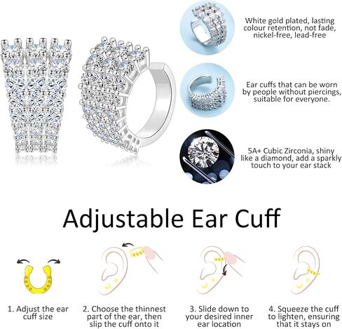 CERSLIMO Ear Cuffs Non Piercing Earrings for Women, 14K Gold Plated Three Rows Cubic Zirconia Faux Diamond Ear Cuff Silver Clip On Cartilage Huggie Hoop Earrings in Saudi Arabia