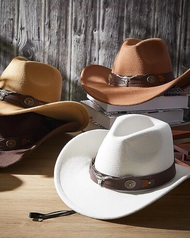 Hercicy 6 Pcs Cowboy Hats Pack Women Men Retro Wide Brim Western Hat Fur Faux Felt Cowgirl Hat Belt Buckle Panama Hat in Kuwait