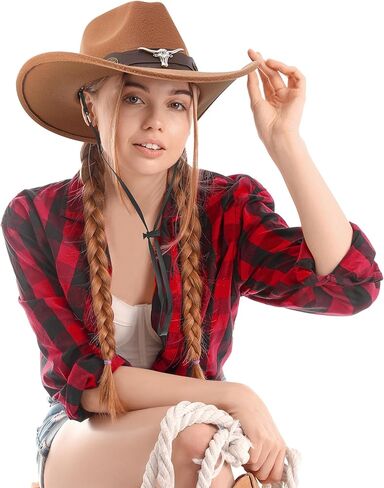 Hercicy 6 Pcs Cowboy Hats Pack Women Men Retro Wide Brim Western Hat Fur Faux Felt Cowgirl Hat Belt Buckle Panama Hat in Kuwait