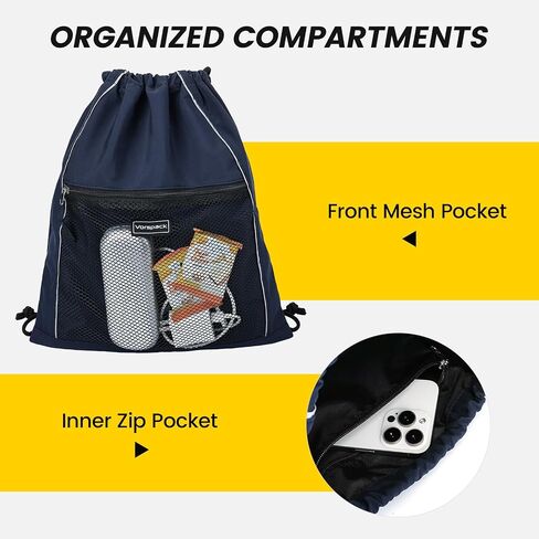 Vorspack Drawstring Backpack - Drawstring Bag with Mesh Pocket String Backpack with Reflective Strips Sackpack Cinch Bag for Sport Gym Travel - Black in Saudi Arabia