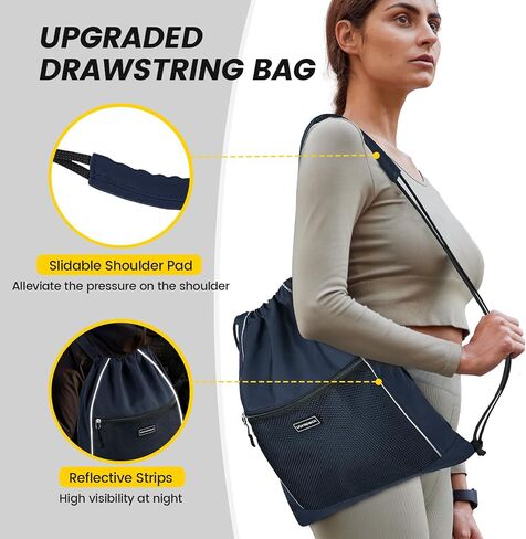 Vorspack Drawstring Backpack - Drawstring Bag with Mesh Pocket String Backpack with Reflective Strips Sackpack Cinch Bag for Sport Gym Travel - Black in Saudi Arabia