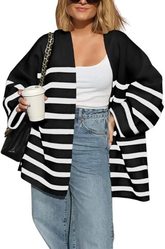 Saodimallsu Womens Oversized Striped Cardigans Open Front Chunky Knit Casual Loose Fit Long Sleeve Sweater Coats in Saudi Arabia
