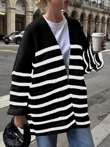 Saodimallsu Womens Oversized Striped Cardigans Open Front Chunky Knit Casual Loose Fit Long Sleeve Sweater Coats in Saudi Arabia