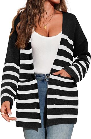 Saodimallsu Womens Oversized Striped Cardigans Open Front Chunky Knit Casual Loose Fit Long Sleeve Sweater Coats in Saudi Arabia