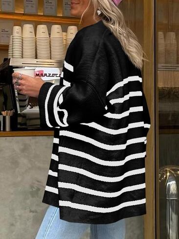 Saodimallsu Womens Oversized Striped Cardigans Open Front Chunky Knit Casual Loose Fit Long Sleeve Sweater Coats in Saudi Arabia