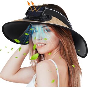 Solar Fan Hat Wide Brim Visor Straw Sun Hat for Women Solar Powered Beach Hat with Fan Summer UPF 50+ UV Protection Straw Foldable Hat Solar and USB Charging for Beach Travel Camping Sports