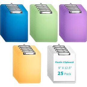 Binditek 25 Pack Plastic Clipboard for Letter Size, 12.5 x 9 Inches Clip Boards with Low Profile Metal Clip, 5 Assorted Colors, Office clipboard for Nurses, Teacher, Students, Women