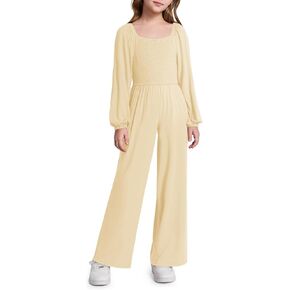 Haloumoning Girls Jumpsuit Kids Long Sleeve Smocked Wide Leg Romper 4-14 Years