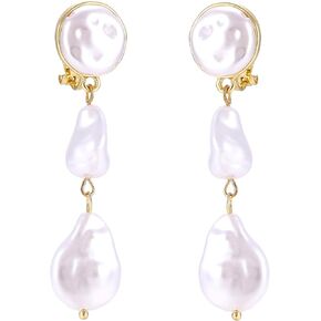 Long Gold Clip on Pearl Earrings for Women Non Pierced Dangle Earrings