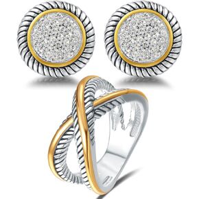 UNY JEWEL Two Tone X Cross Designer Inspired Twisted Cable Wire Ring French Clip Earring Women Fashion Jewelry Christmas Gifts Size 6