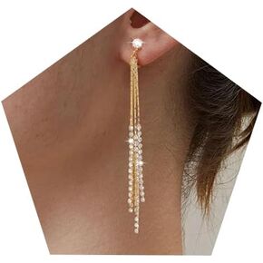 Clip on Earrings for Women 18K Gold Plated Long Drop Dangle Earrings Charming No Piercing Hoop Stud Earrings Sparkly Cubic Zirconia Tassel Ear Clips Statement Jewelry Party Prom Wedding