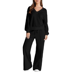 Herseas Women 2 Piece Outfits Sweatsuit 2024 Fall Casual V Neck Sweatshirt with Wide Leg Sweatpants Tracksuit Lounge Set