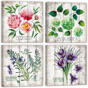 EAHunt Floral Wall Art 4Pcs Framed Vintage Wall Decor for Living Room Bedroom Canvas Wall Art Set Peonies Saffron Rosemary Hydrangea Painting 16"x16"×4 Vintage Style Decor