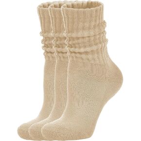 Women's Scrunch Crew Socks Retro 3-Pack Solid Cotton Boot Calf Socks Chunky Ribbed Cozy Slouchy Socks Size 5-11