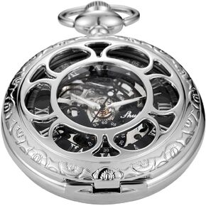 Sliver Skeleton Flower Mechanical Hand Winding Pocket Watch, Roman Numeral Dial Skeleton Mechanical Pocket Watches for Men with Chain Gift Box