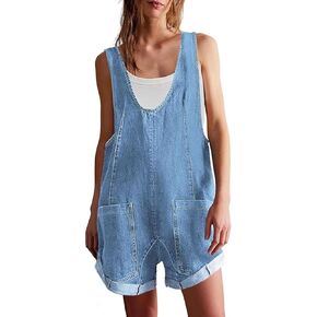 Women’s Summer Denim Rompers Adjustable Strap Jean Shortalls Short Overalls Jumpsuits with Pockets