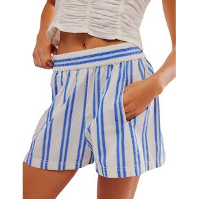 Women's Summer Striped Casual Shorts Elastic High Waist Straight Leg Lounge Shorts with Pockets