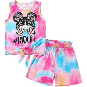 Kid Toddler Girl Clothes Summer Ruffle Sleeve Figure Graphic Tee Shirt + Shorts Summer Outfits Set