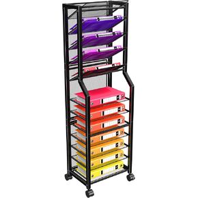 Simple Trending 12 Tier Rolling File Cart,Desk File Organizer with Sliding Trays and Wetal Mesh Paper Letter Storage Multi Functional Rolling Clutter Cart for Office, Home, School, Black