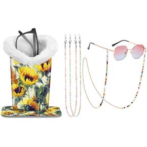 Fintie Plush Lined Eyeglasses Holder with Magnetic Base, Sunflowers + 3 Pcs Eyeglasses Chains