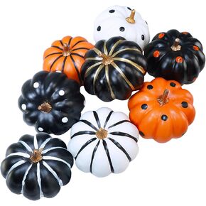 Winlyn Set of 8 Halloween Orange Black White Foam Pumpkins Small Decorative Pumpkins Stripe and Dot Artificial Pumpkins Decor 3.5 inch for Halloween Party Fall Thanksgiving Dinner Table Centerpieces