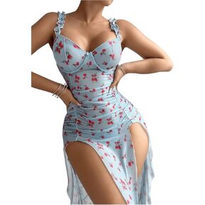 Women's 2 Piece Babydoll Lingerie Set Frill Underwire Floral Lingerie Dress Split Slip Dress with Thongs