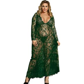 ohyeahlady Plus Size Long Lingerie Set for Womens Lace V Neck Mesh Sexy Nightdress Babydoll Sleepwear Maxi Dress with Thong