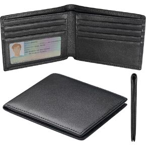 Slim Mens Wallet, Genuine Leather Bifold Wallet for Men, Thin Mens Wallets with ID Window, 8 Credit Card Slots (Black)
