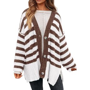 PRETTYGARDEN Women's Striped Cardigan Sweaters Long Sleeve Button Down Chunky Knit Oversized Fall Sweater Coat