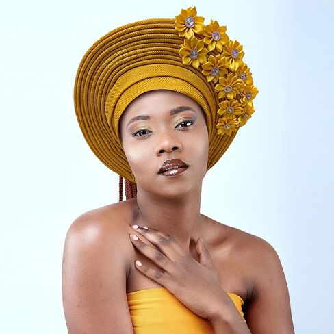 Handmade Nigerian Gele Headties Floral Hats Women Head Wrap Beaded Lace Hand Made African Headtie Hats for Party in Saudi Arabia