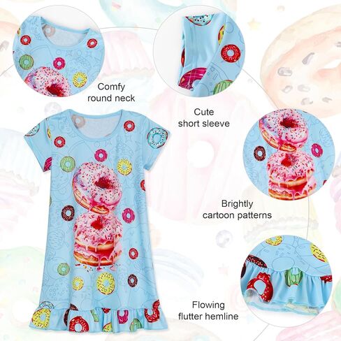 WonderBabe Girls Nightgowns Short Sleeve Nightdress Unicorn Cat Pajamas Toddler Nightgown Sleepwear Night Gowns for Kids in Kuwait