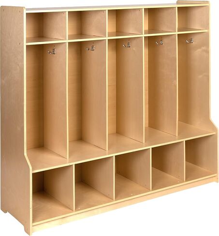 خزانة معطف مدرسية خشبية من Flash Furniture Hercules مكونة من 5 أقسام مع مقعد ومكعبات وخطافات، منظم تخزين حجيرة لمرحلة ما قبل المدرسة، مقاس 48 بوصة ارتفاع × 48 بوصة طول، طبيعي in Saudi Arabia