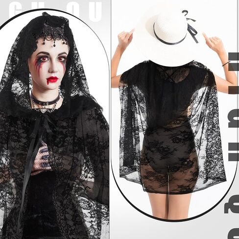 Halloween Witch Black Lace Hooded Cloak for Women Gothic Short Sheer Cape Vampire Cloak for Halloween Cosplay Costume Party in Saudi Arabia